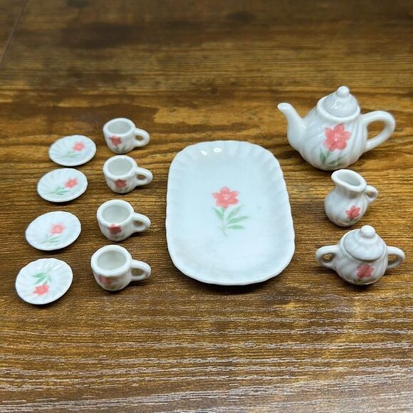 Pretty Port LTD Mini Pink Rose Porcelain China 14 Piece Doll Tea Set Barbie Size - Picture 1 of 13